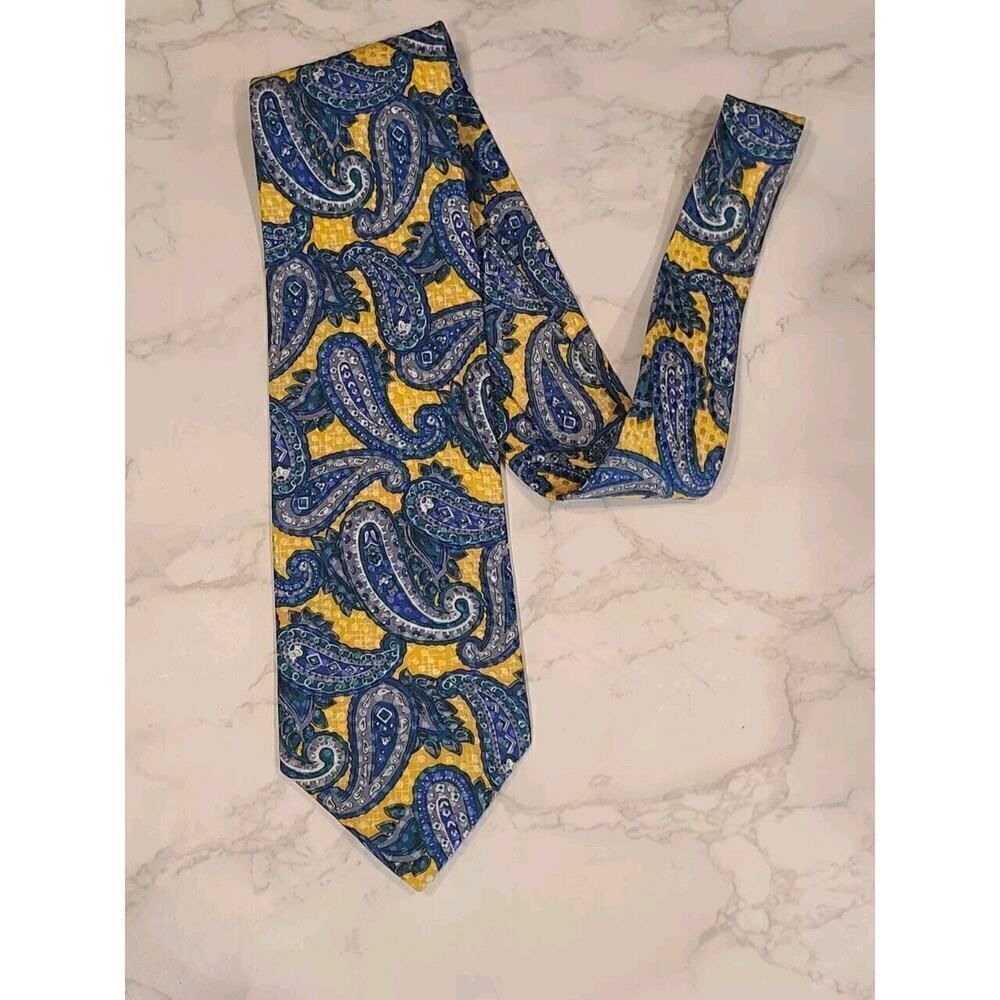 OLEG CASSINI Vintage Blue & Yellow Paisley Floral Silk Necktie Italy 57" X 3.5"